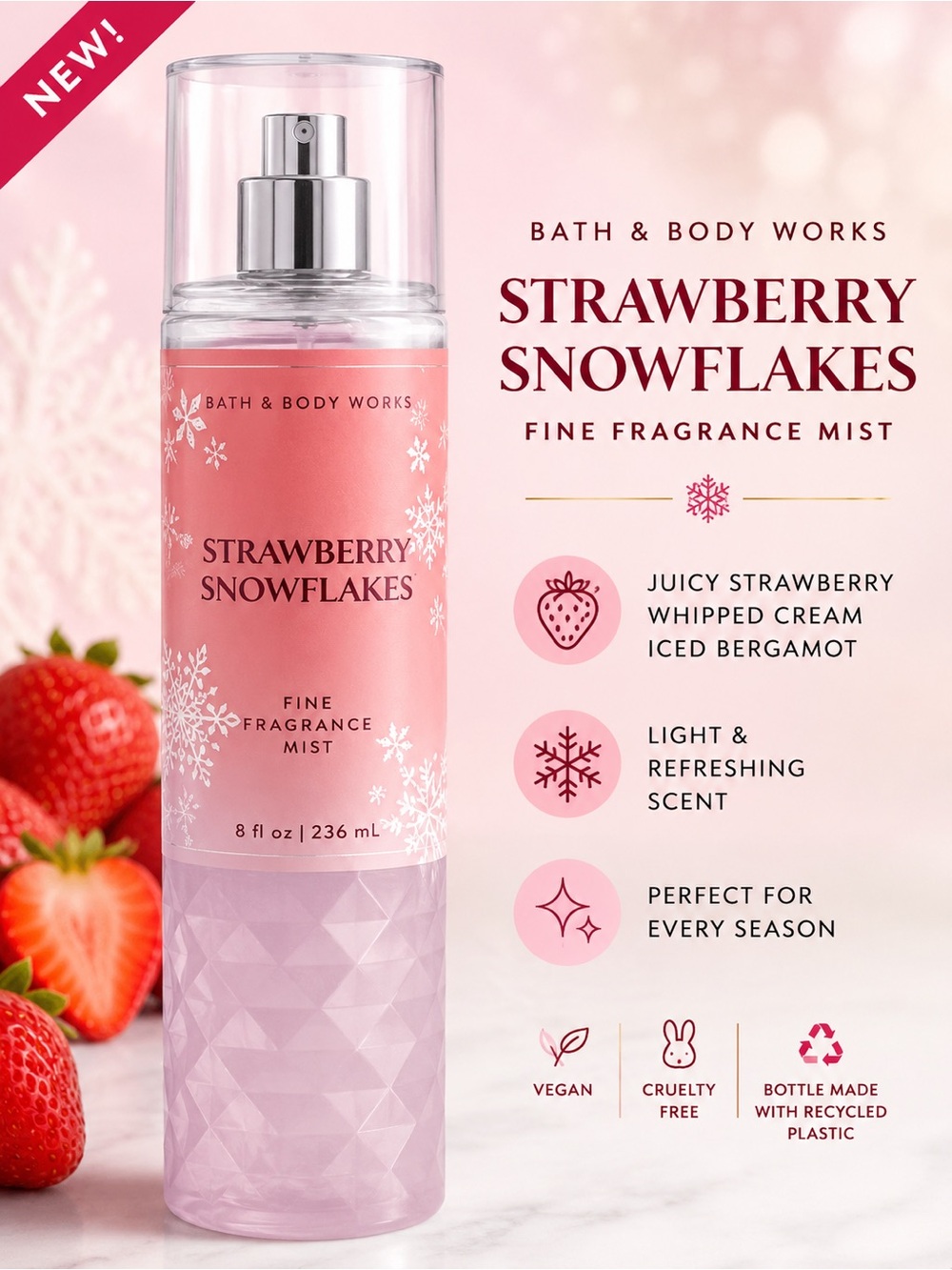 Bath & Body Works Strawberry Snowflakes Fragrance Mist - Pink & Silver